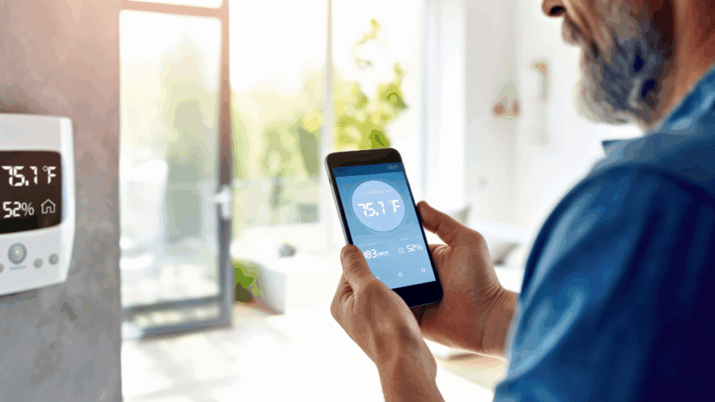 a millian aire customer using a smart phone to set the best thermostat setting